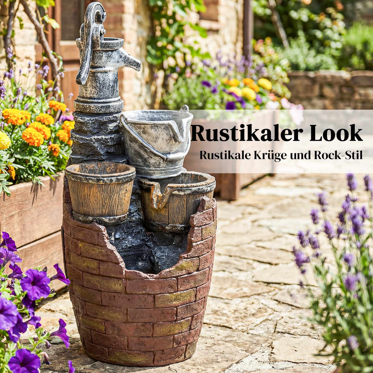 4-Tier Rustic Garden Fountain with LED Lights and Planter