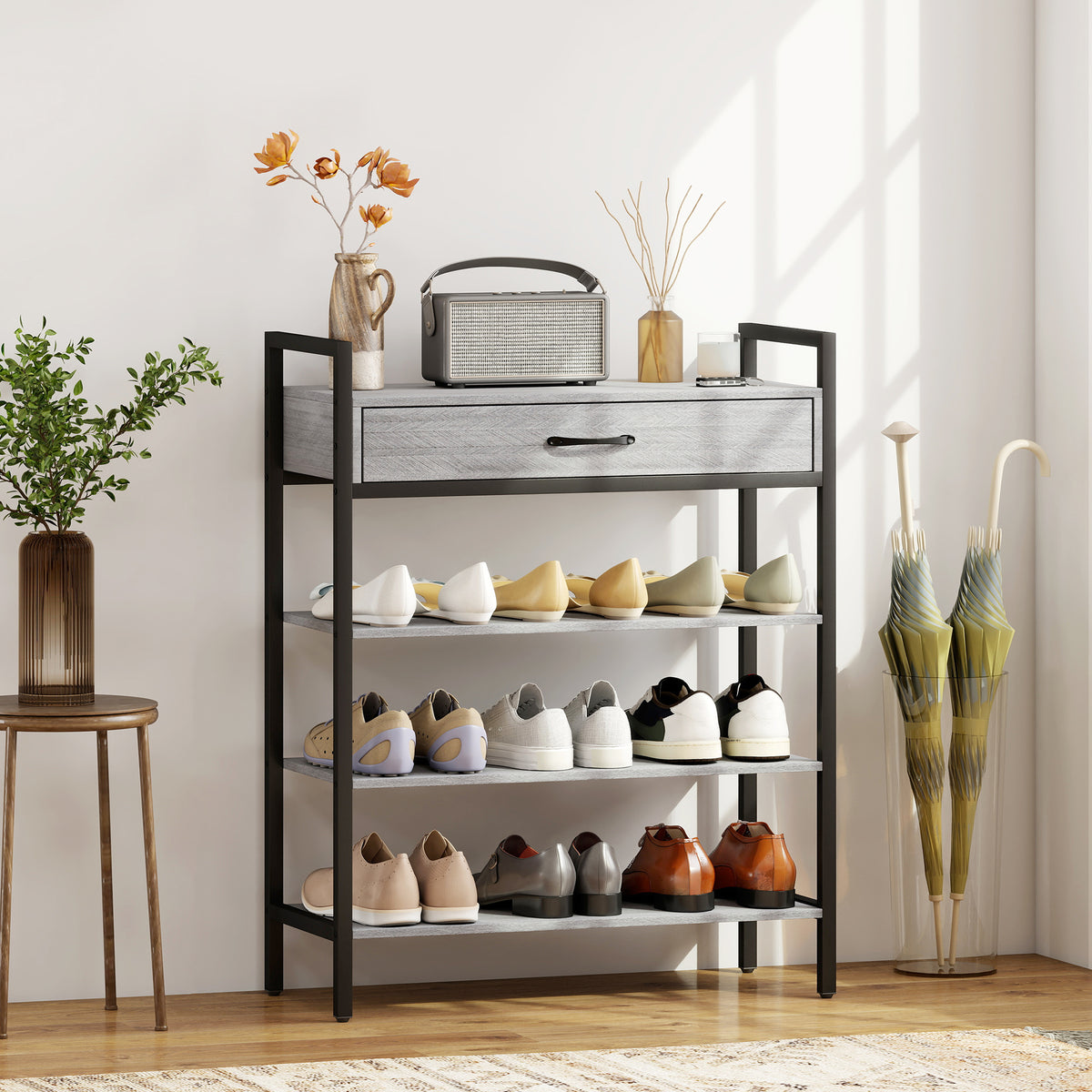 4-Tier Shoe Rack with Drawer, Holds 9 Pairs, Gray