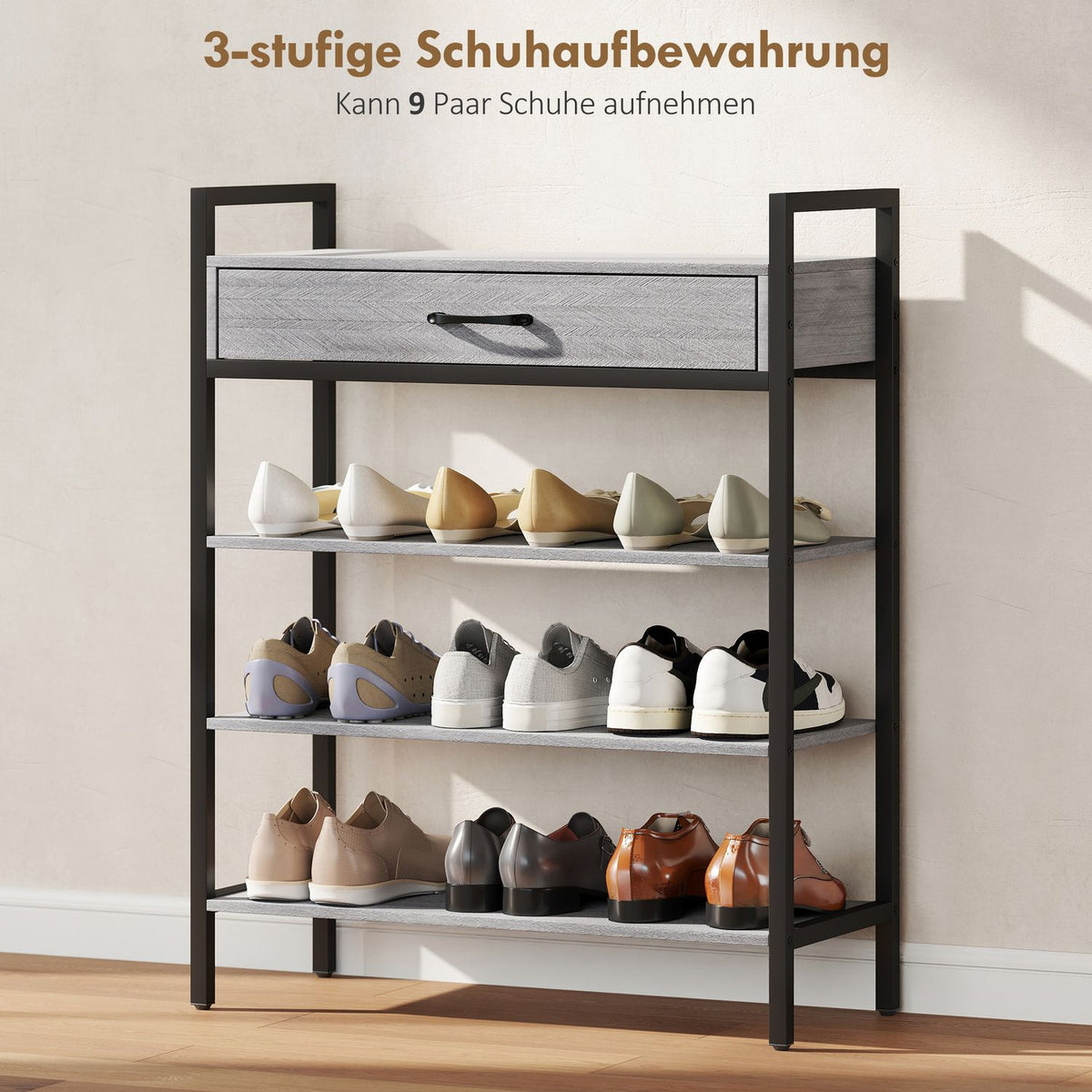 4-Tier Shoe Rack with Drawer, Holds 9 Pairs, Gray
