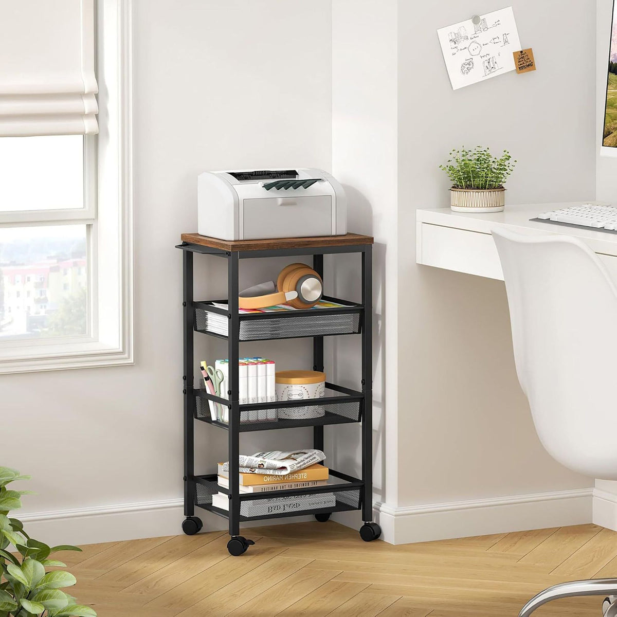 4-Tier Slim Kitchen Trolley – Metal & MDF, Mobile Storage