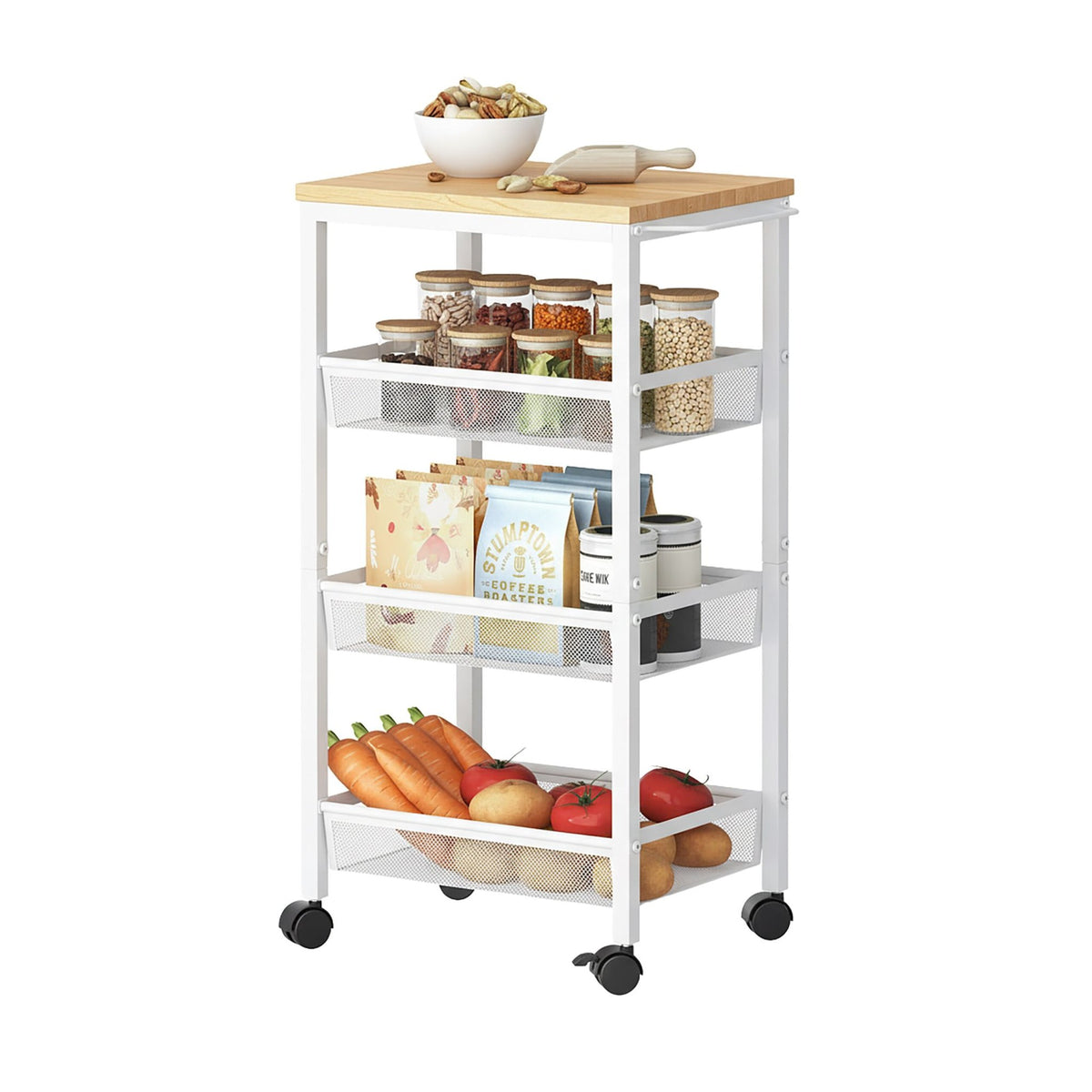 4-Tier Slim Kitchen Trolley – Metal & Wood Finish