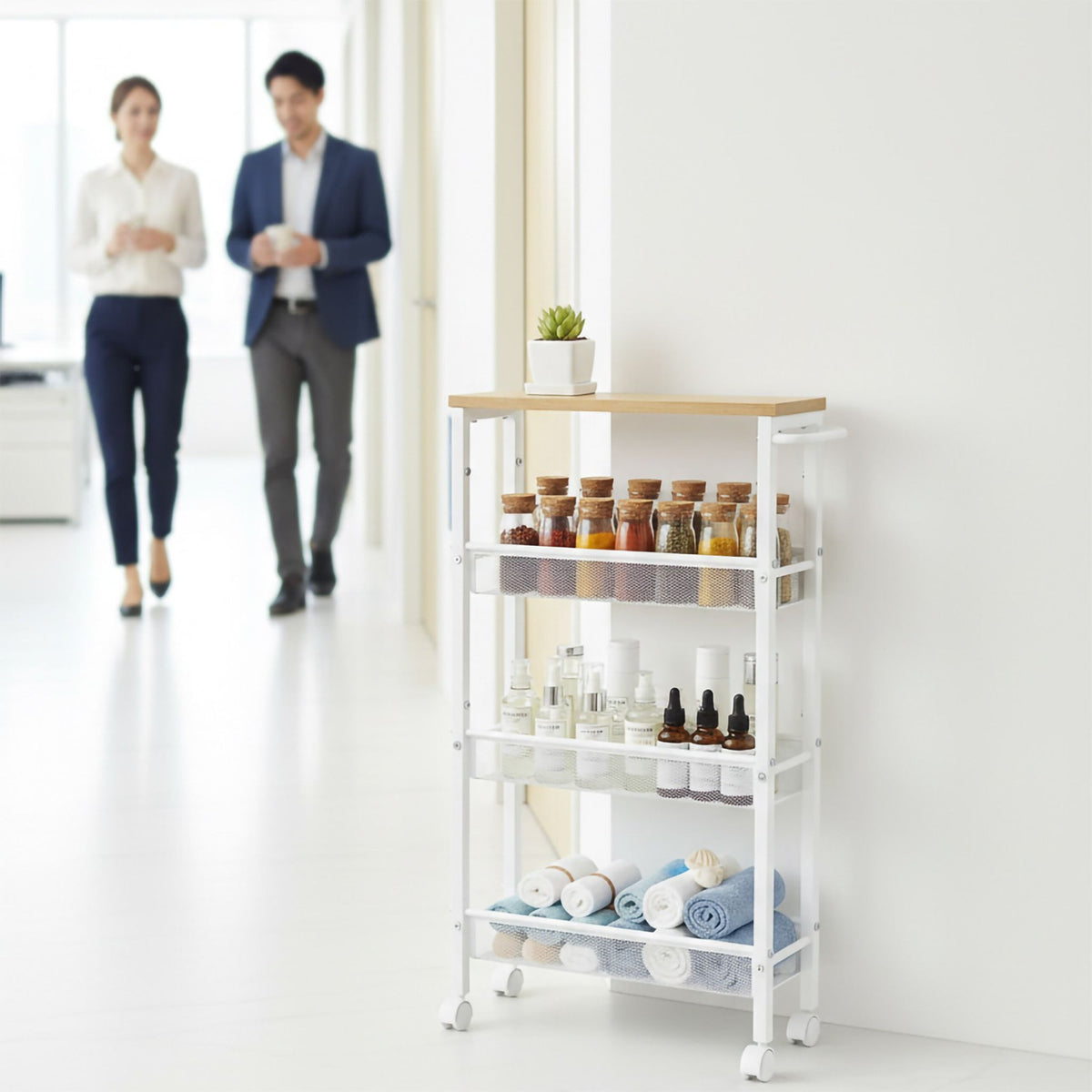4-Tier Slim Kitchen Trolley – Metal & Wood Finish