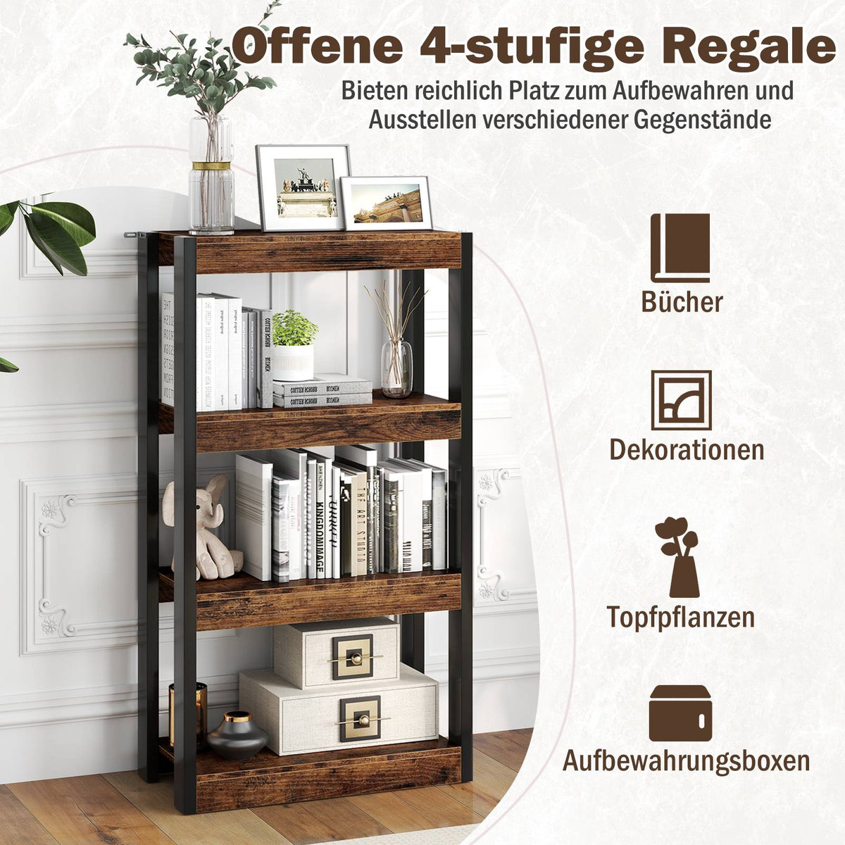 4-Tier Wood Bookshelf with Anti-Tip Kits, Open Shelves