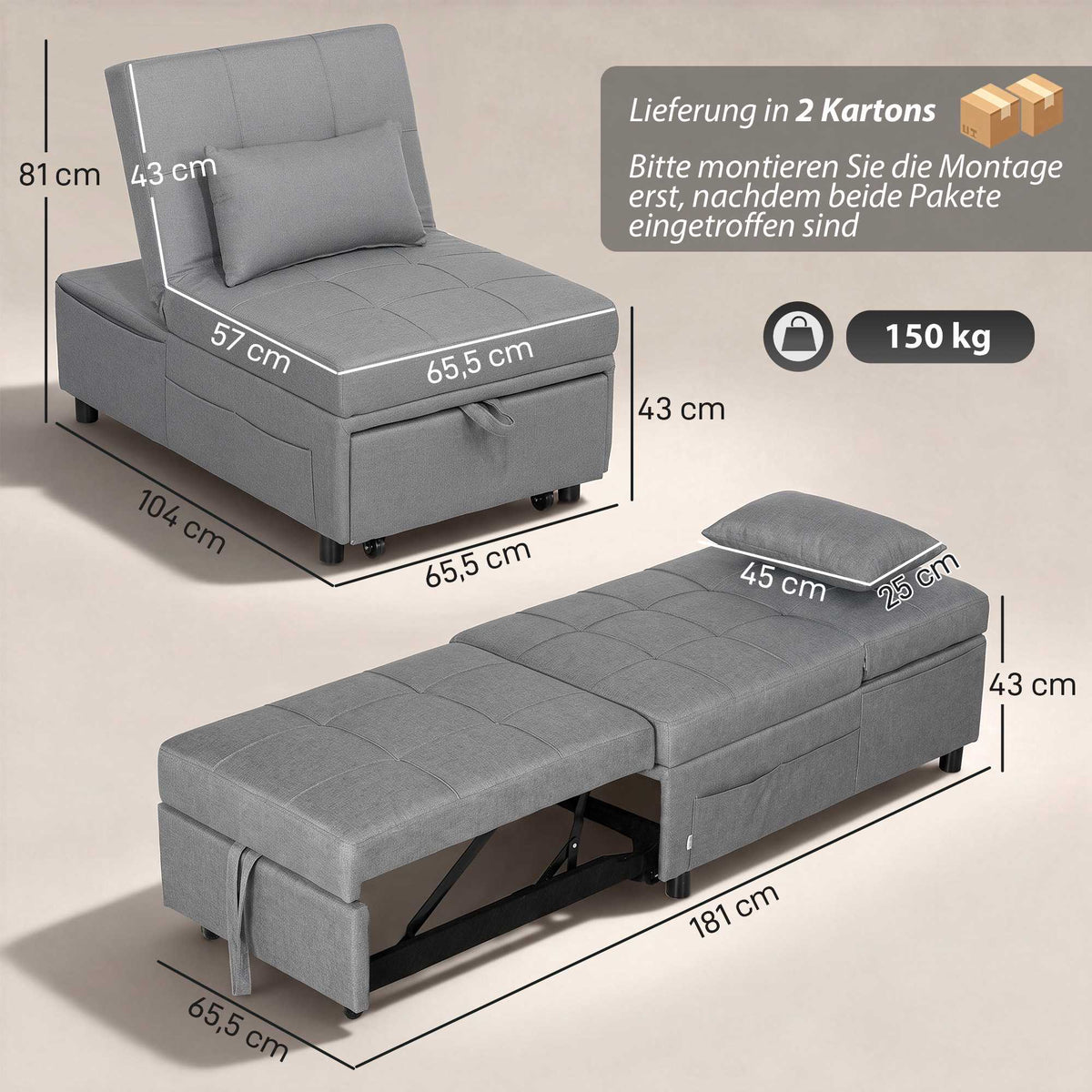 4-in-1 Adjustable Sleeper Chair with Side Pockets, Light Grey