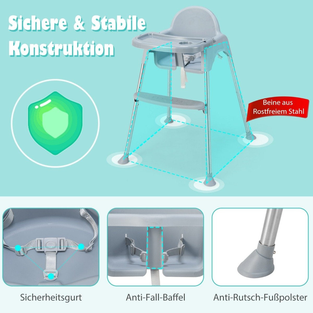 4 in 1 Baby High Chair Made of PP & Stainless Steel High Chair Convertible with Removable Double Tray Gray