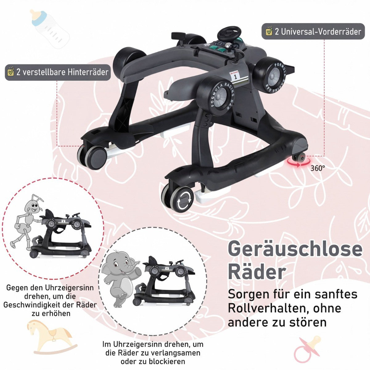 4-in-1 Baby Walker, Adjustable Height, Foldable, Dark Grey