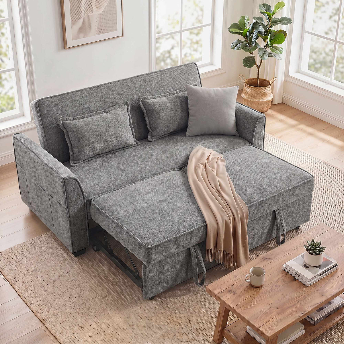 4-in-1 Grey Sofa Bed with Adjustable Backrest & Pockets