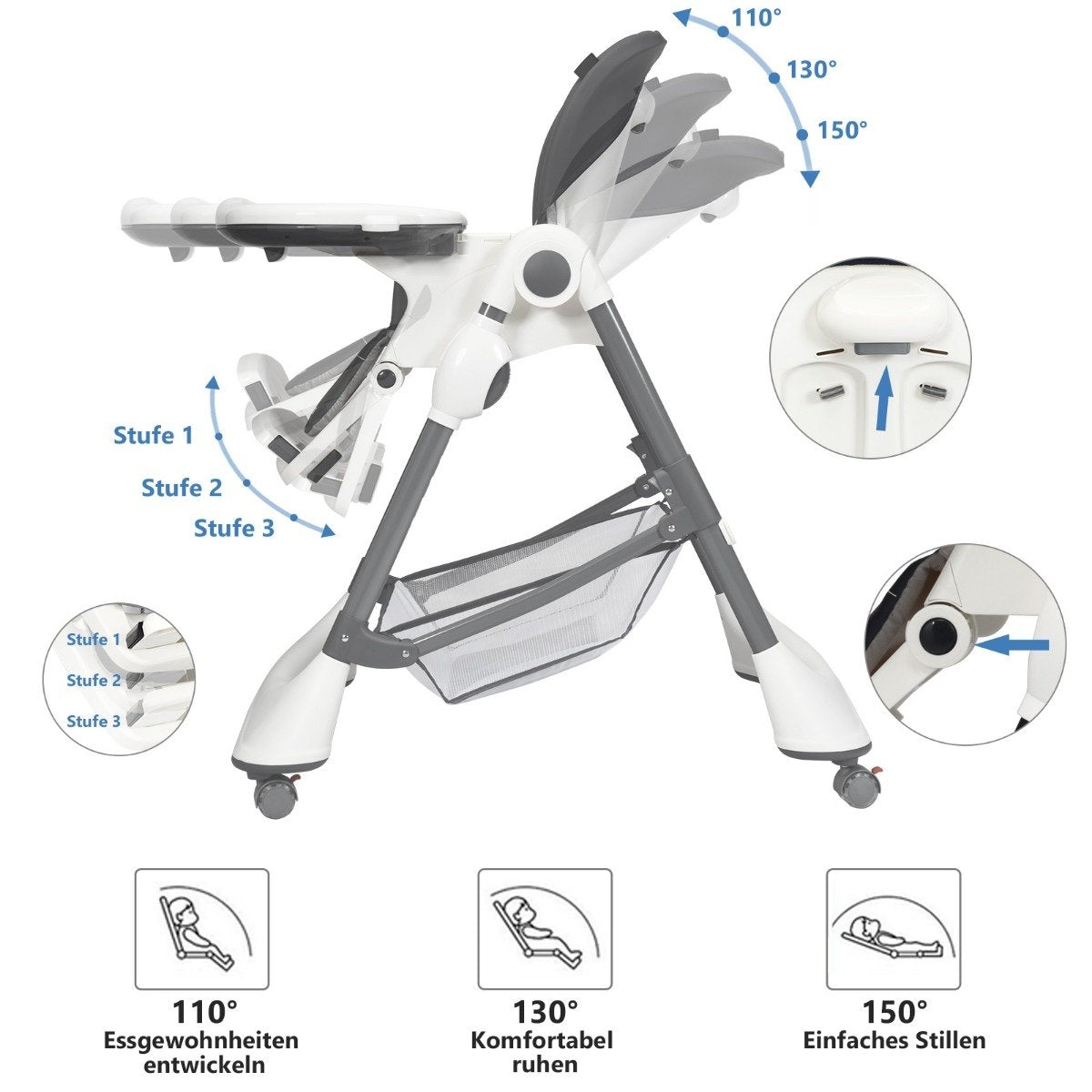 4-in-1 Portable Baby and Toddler High Chair Sleeping Chair 60 x 89 x 110 cm Gray