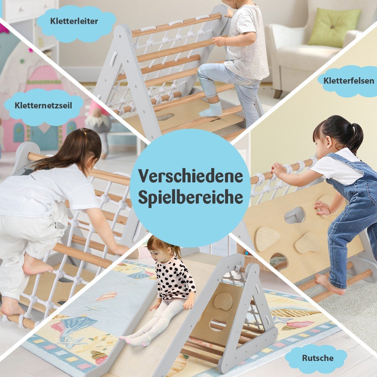 4 in 1 climbing triangle with slide climbing frame made of wood 62.5 x 64 x 57.5 cm gray