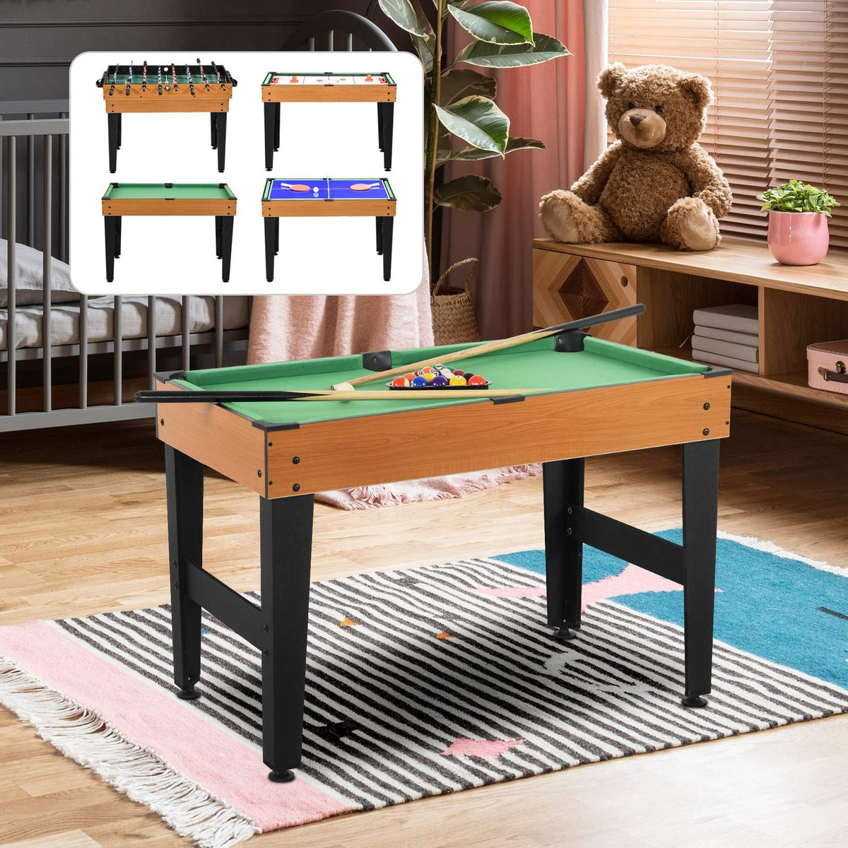 4 in 1 multigame game table, party game table with table tennis, table football, billiards, table hockey, for multiplayer fun, steel, natural wood + black