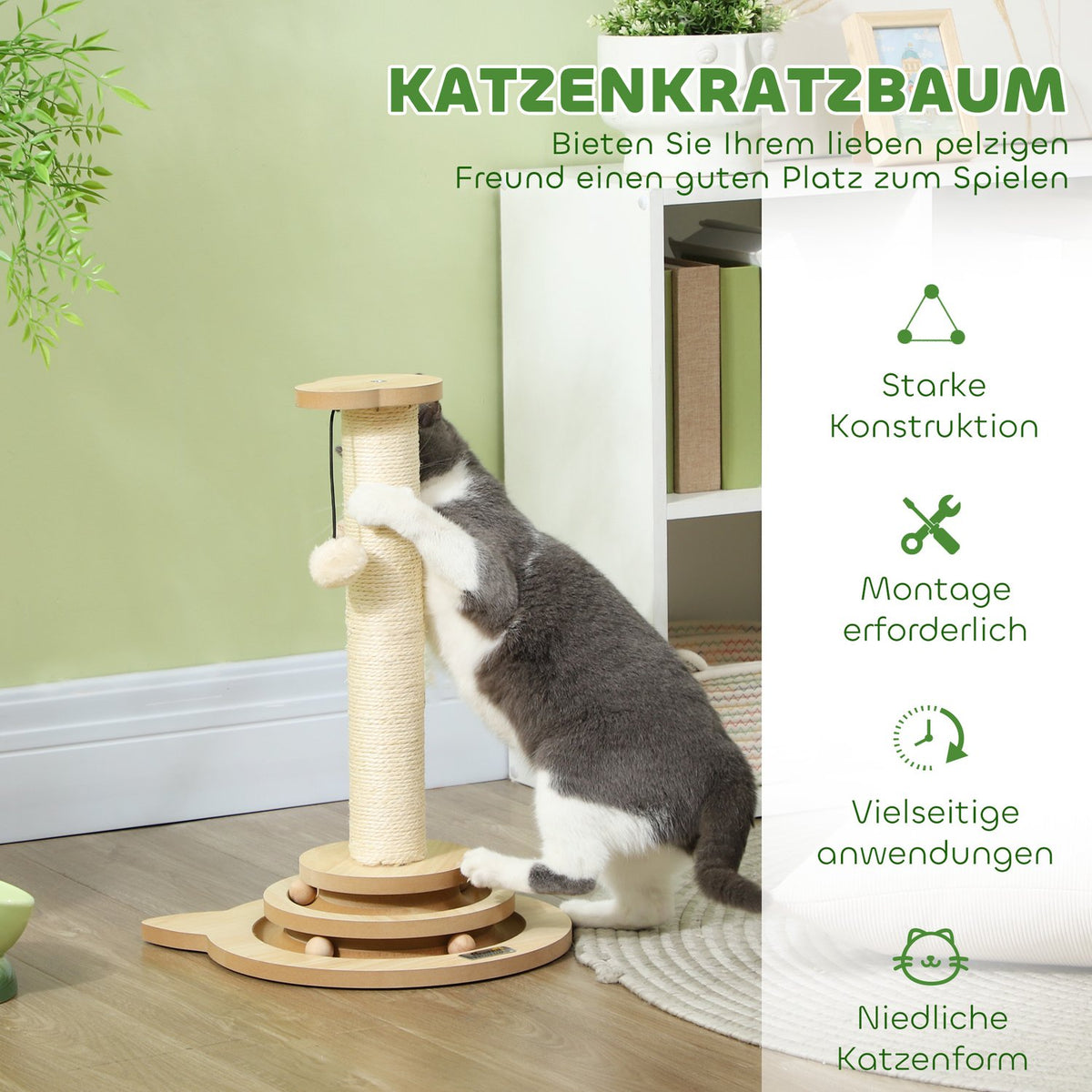 4-in-1 scratching post, 49cm scratching post, sisal cat scratching post with play ball, scratching post for cats, cat scratching furniture, indoor, oak