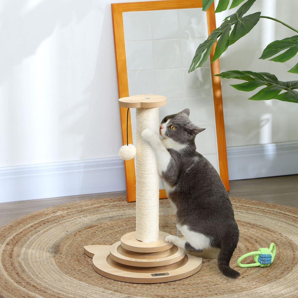 4-in-1 scratching post, 49cm scratching post, sisal cat scratching post with play ball, scratching post for cats, cat scratching furniture, indoor, oak
