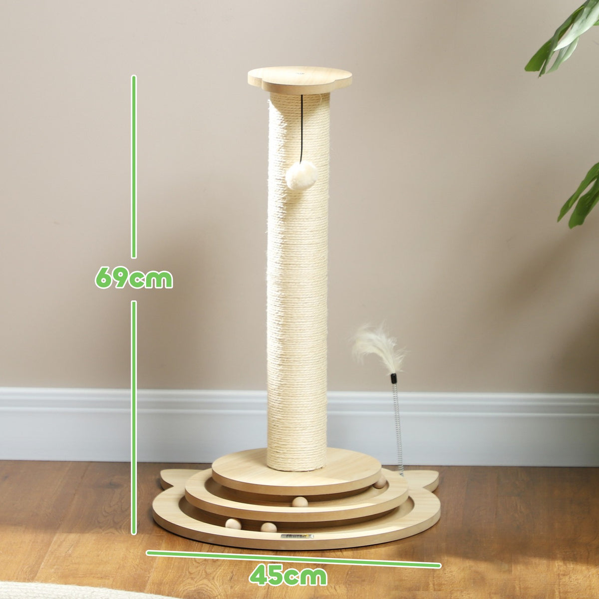 4-in-1 scratching post, 69cm scratching post, sisal cat scratching post with play ball, scratching post for cats, cat scratching furniture, indoor, oak