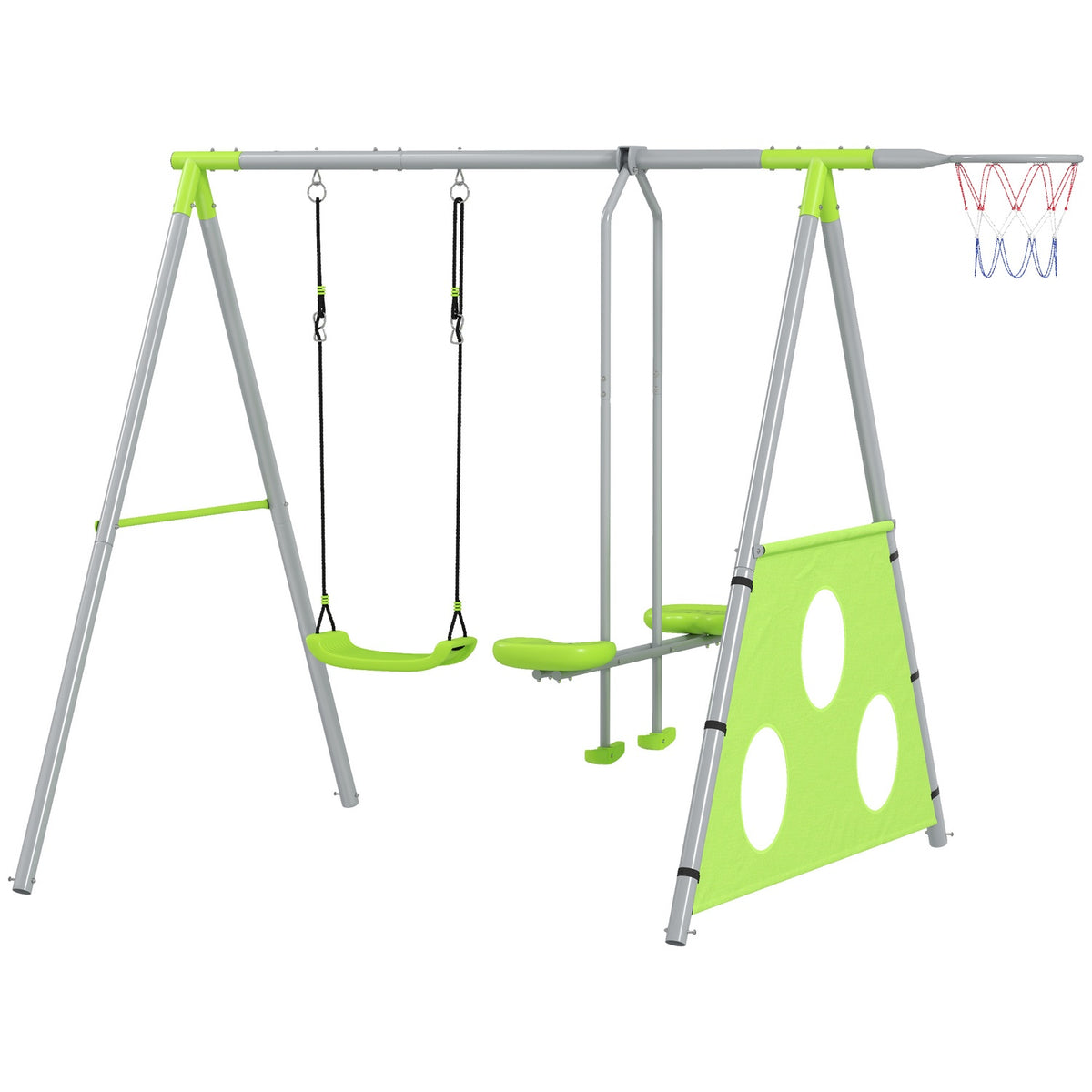 4 in 1 swing frame outdoor swing frame with swing, 2-person slideway, football goal, basketball hoop, garden swing children's swing with metal frame for children