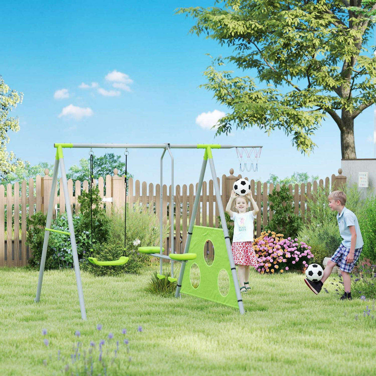 4 in 1 swing frame outdoor swing frame with swing, 2-person slideway, football goal, basketball hoop, garden swing children's swing with metal frame for children