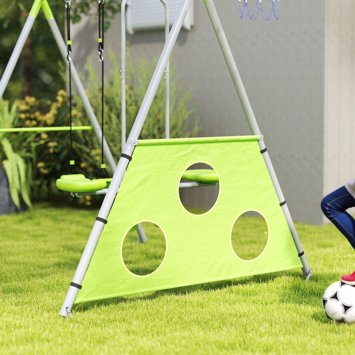 4 in 1 swing frame outdoor swing frame with swing, 2-person slideway, football goal, basketball hoop, garden swing children's swing with metal frame for children