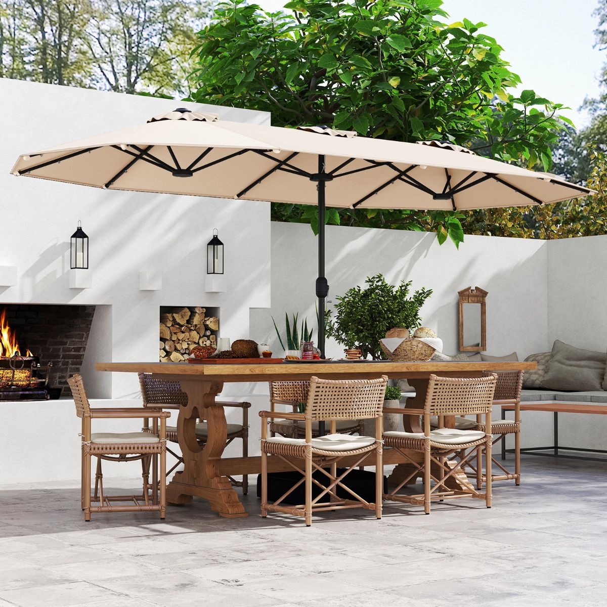 4 m Double-Sided Patio Umbrella, Solar LEDs, Base, Beige