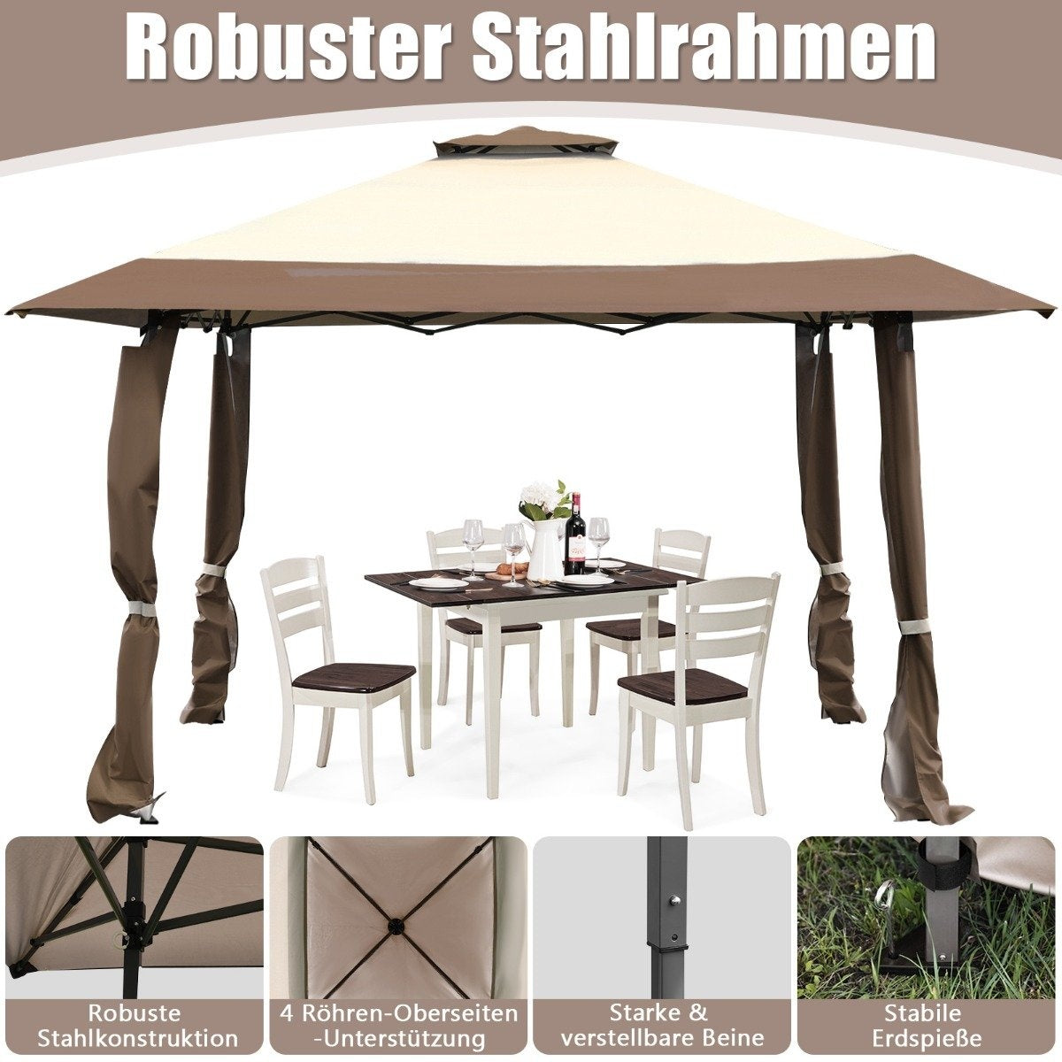 4 m x 4 m large event tent shade with 2-story roof brown