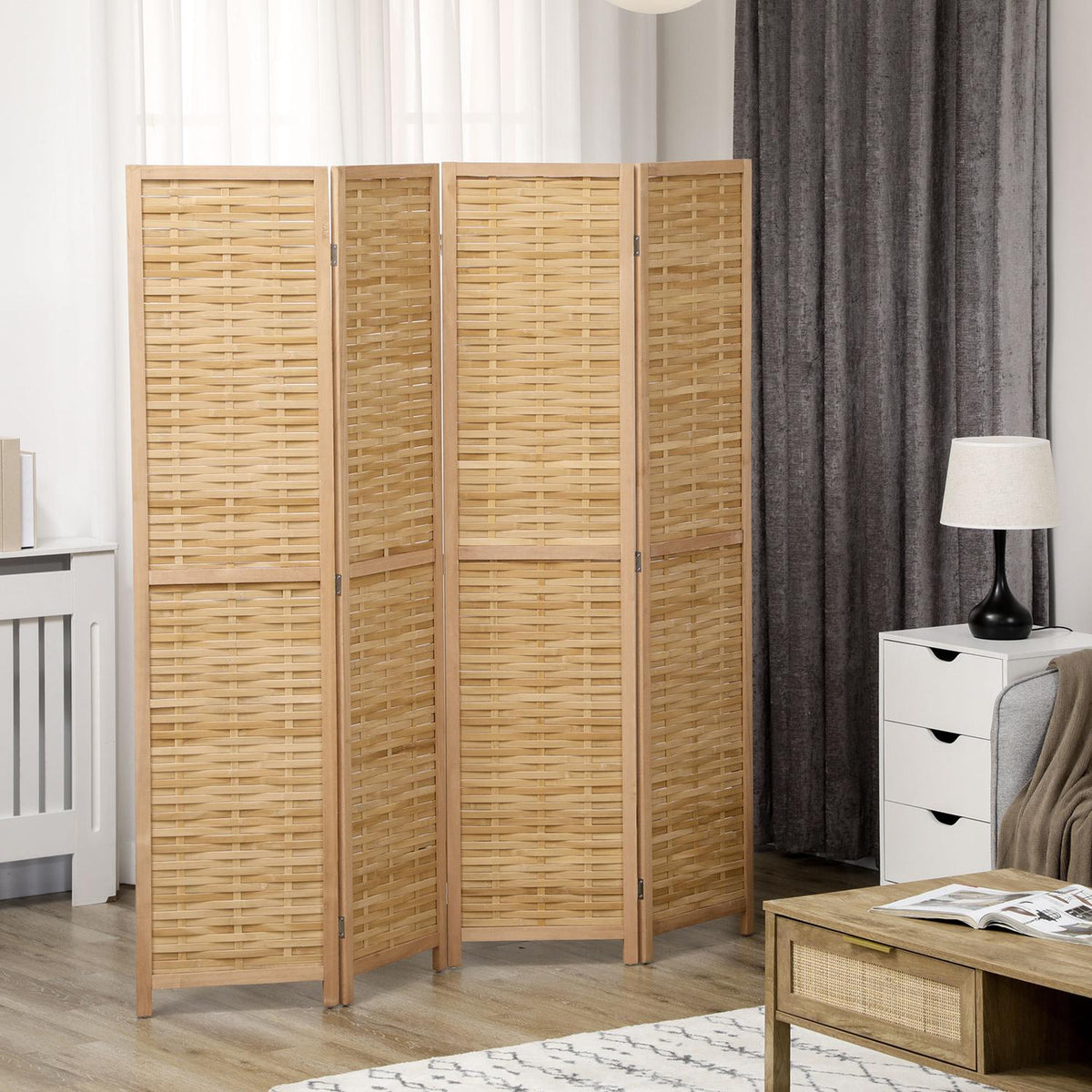 4-part screen, room divider, 160 x 170 cm partition, foldable privacy screen, room divider made of bamboo, privacy screen for living room, bedroom, natural