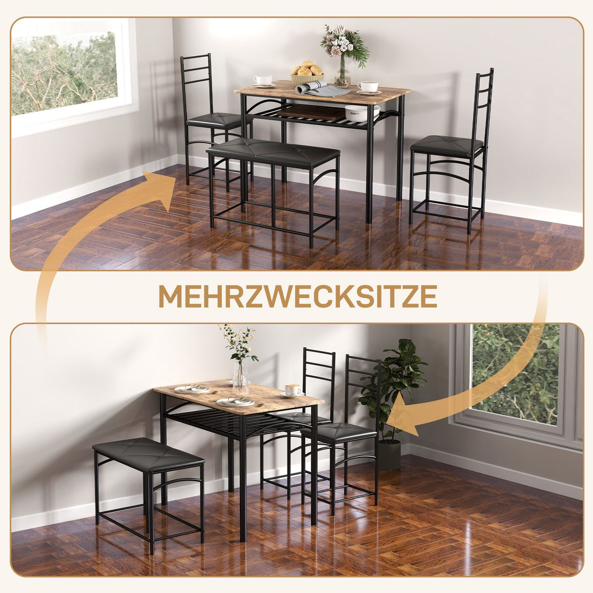 4 pcs. Dining Set, Dining Table with 2 Chairs, Bench, Space Saving Dining Room Group, Dining Table Set for Small Spaces, Kitchen, Dining Room, Brown
