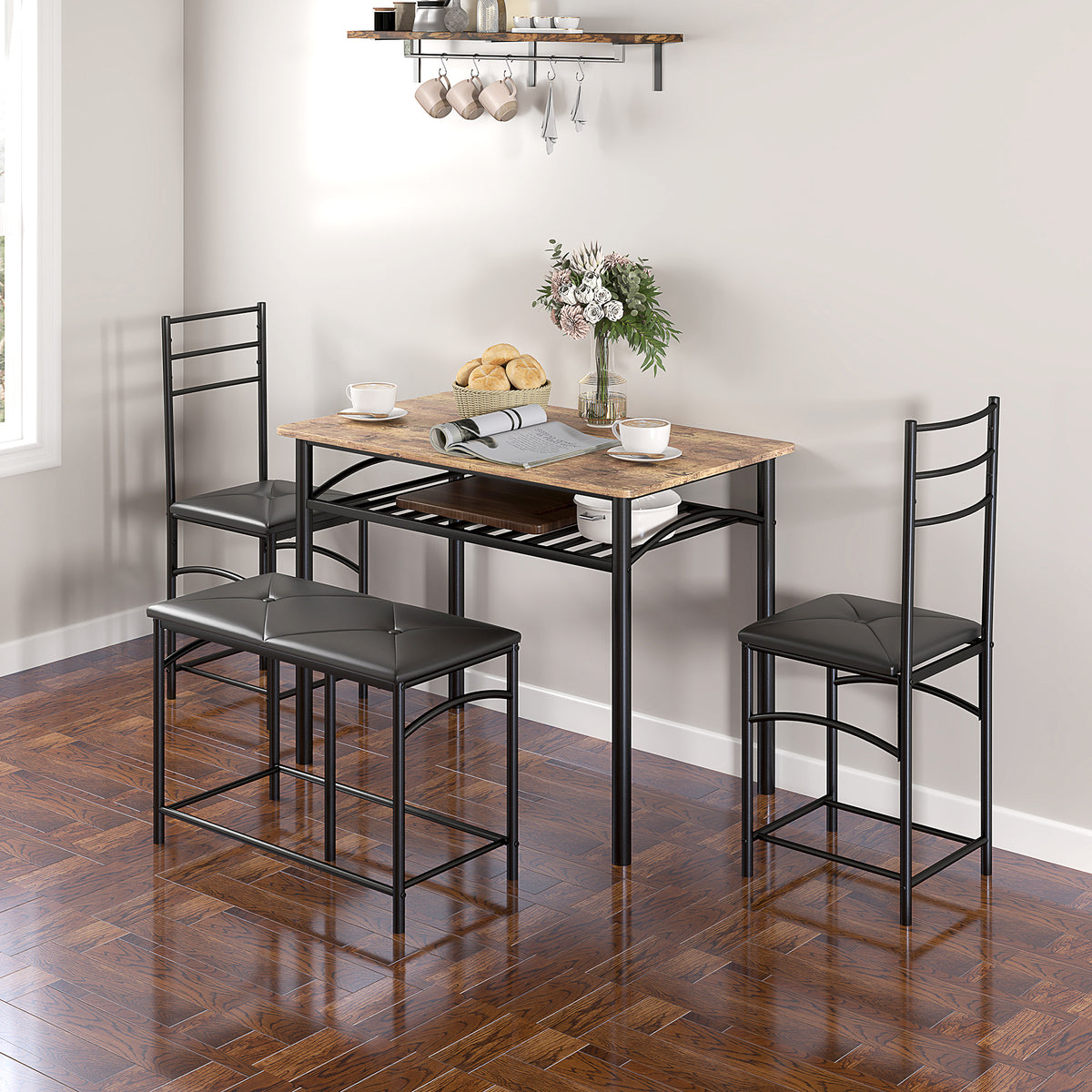 4 pcs. Dining Set, Dining Table with 2 Chairs, Bench, Space Saving Dining Room Group, Dining Table Set for Small Spaces, Kitchen, Dining Room, Brown