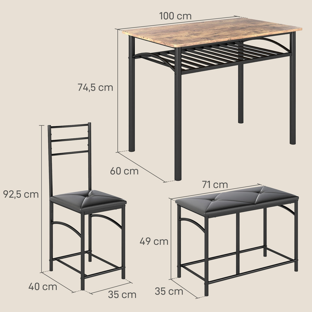 4 pcs. Dining Set, Dining Table with 2 Chairs, Bench, Space Saving Dining Room Group, Dining Table Set for Small Spaces, Kitchen, Dining Room, Brown