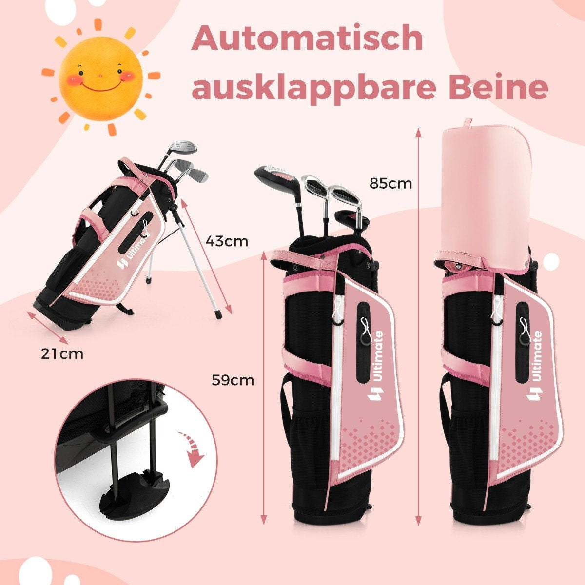4-piece children's golf club set with golf bag and rain cover for children aged 5-7 years, pink