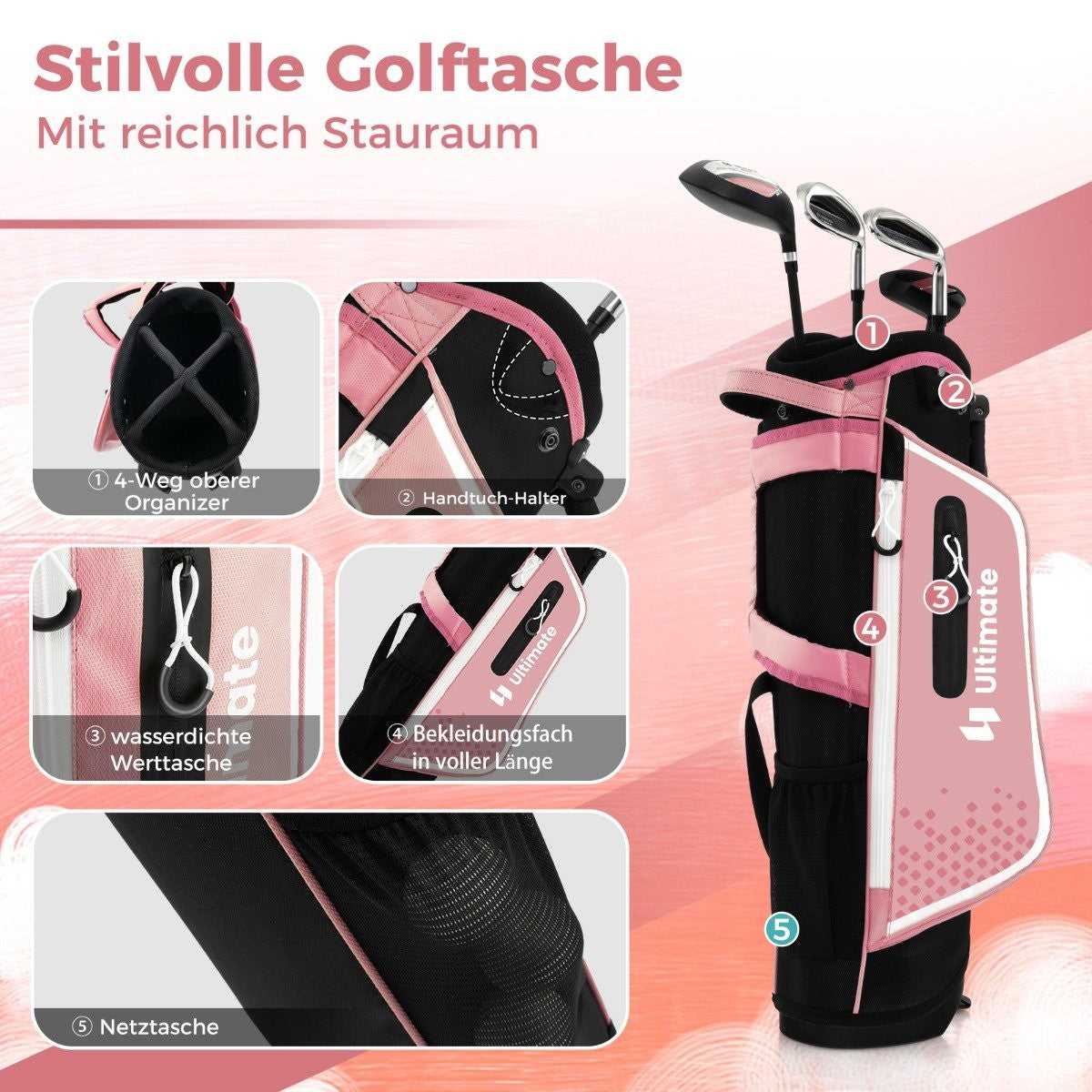 4-piece children's golf club set with golf bag and rain cover for children aged 5-7 years, pink