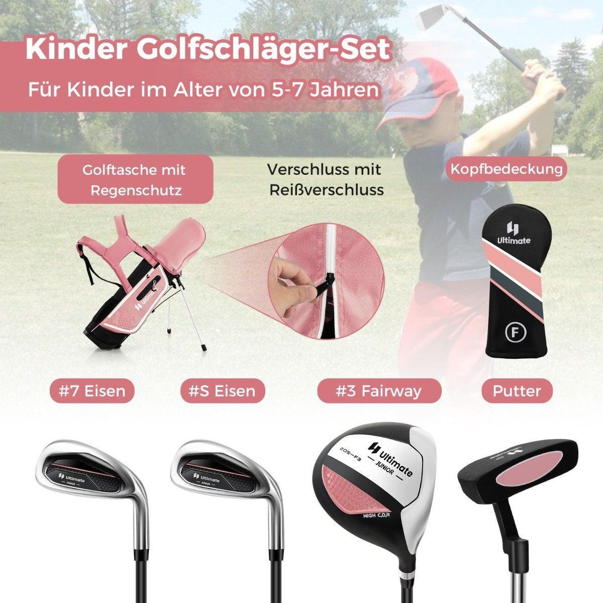 4-piece children's golf club set with golf bag and rain cover for children aged 5-7 years, pink