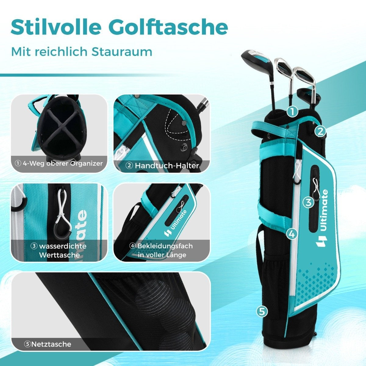 4-piece children's golf club set with golf bag and rain cover for children aged 8-10 years blue