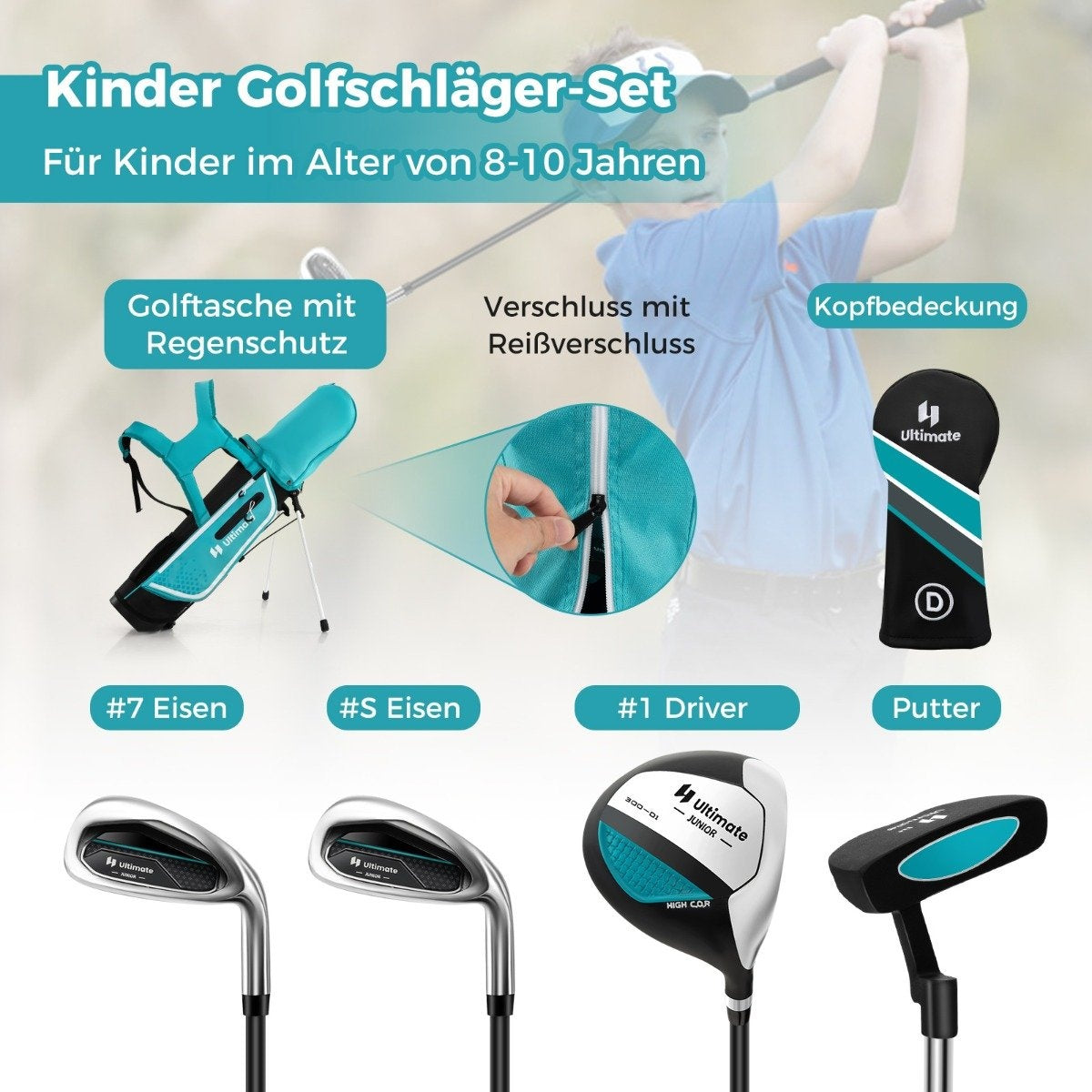 4-piece children's golf club set with golf bag and rain cover for children aged 8-10 years blue