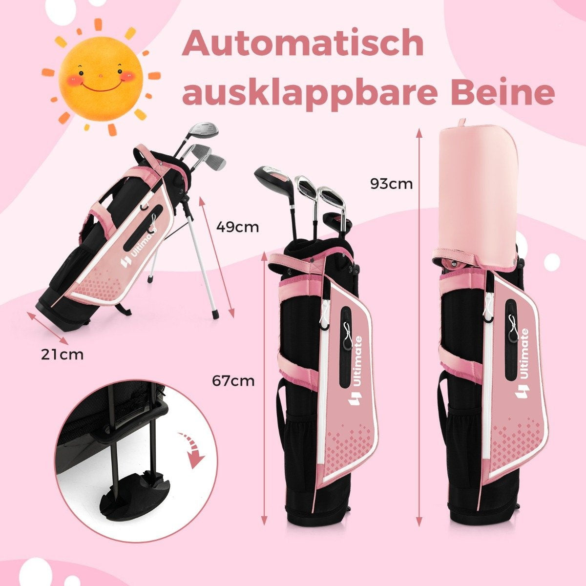 4-piece children's golf club set with golf bag and rain cover for children aged 8-10 years, pink