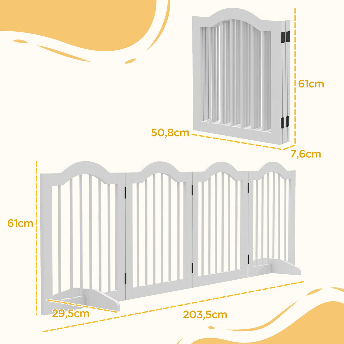 4-piece dog barrier, 203.5 x 61 cm, foldable dog gate with door, door safety gate with 2 support feet, free-standing stair gate