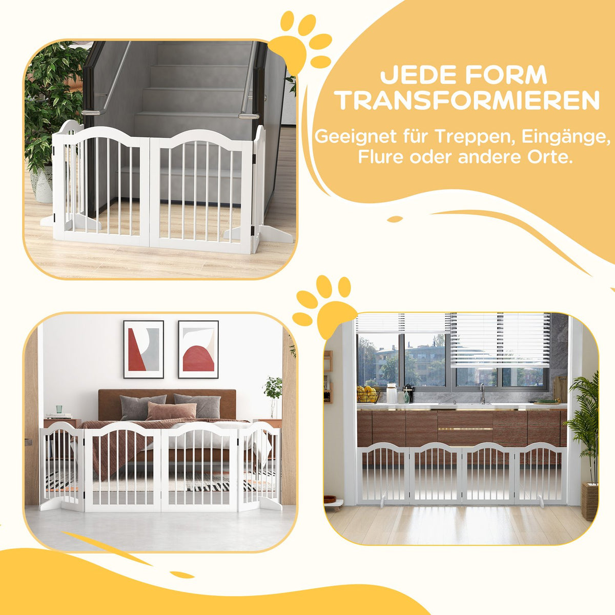 4-piece dog barrier, 203.5 x 61 cm, foldable dog gate with door, door safety gate with 2 support feet, free-standing stair gate