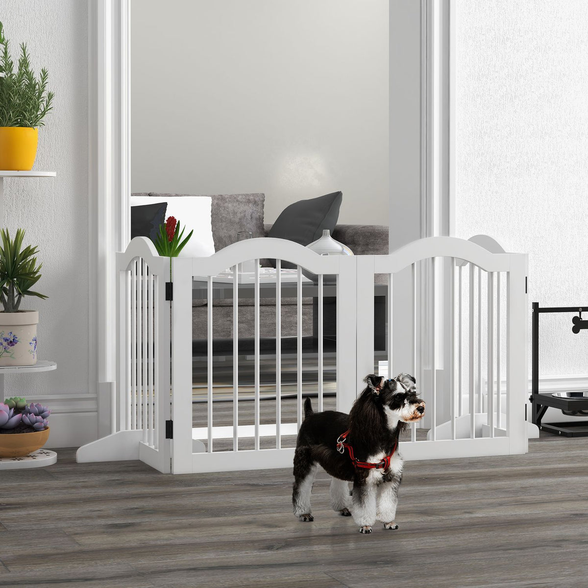 4-piece dog barrier, 203.5 x 61 cm, foldable dog gate with door, door safety gate with 2 support feet, free-standing stair gate