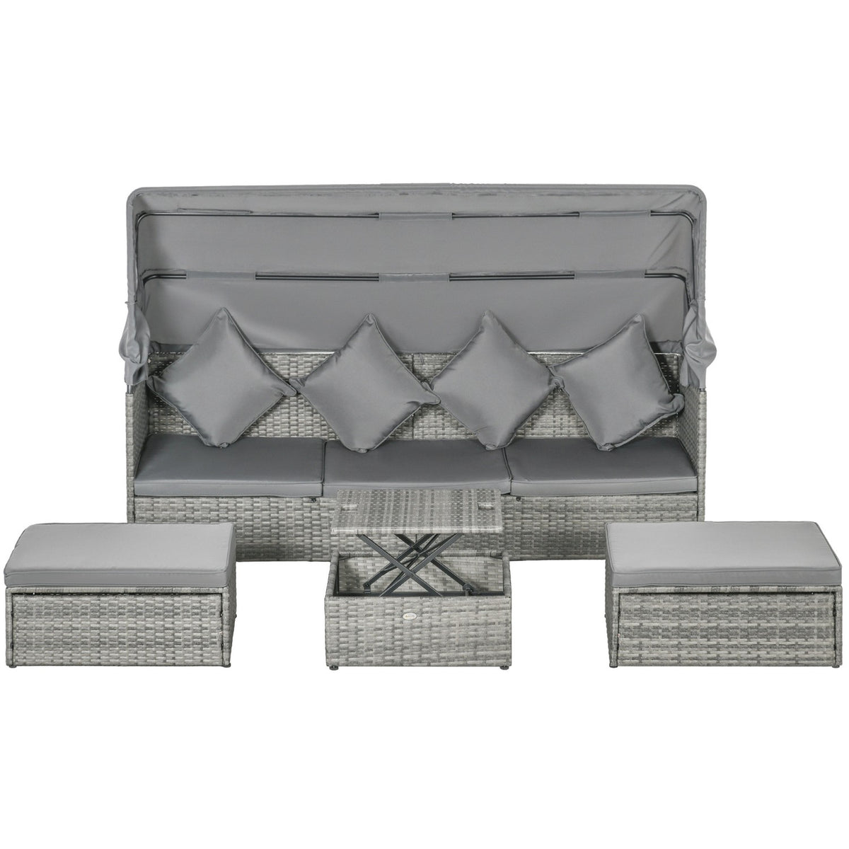 4-piece rattan garden seating group, with sun canopy, height-adjustable coffee table, bed function, back cushion, 200L x 68W x 74H cm, gray