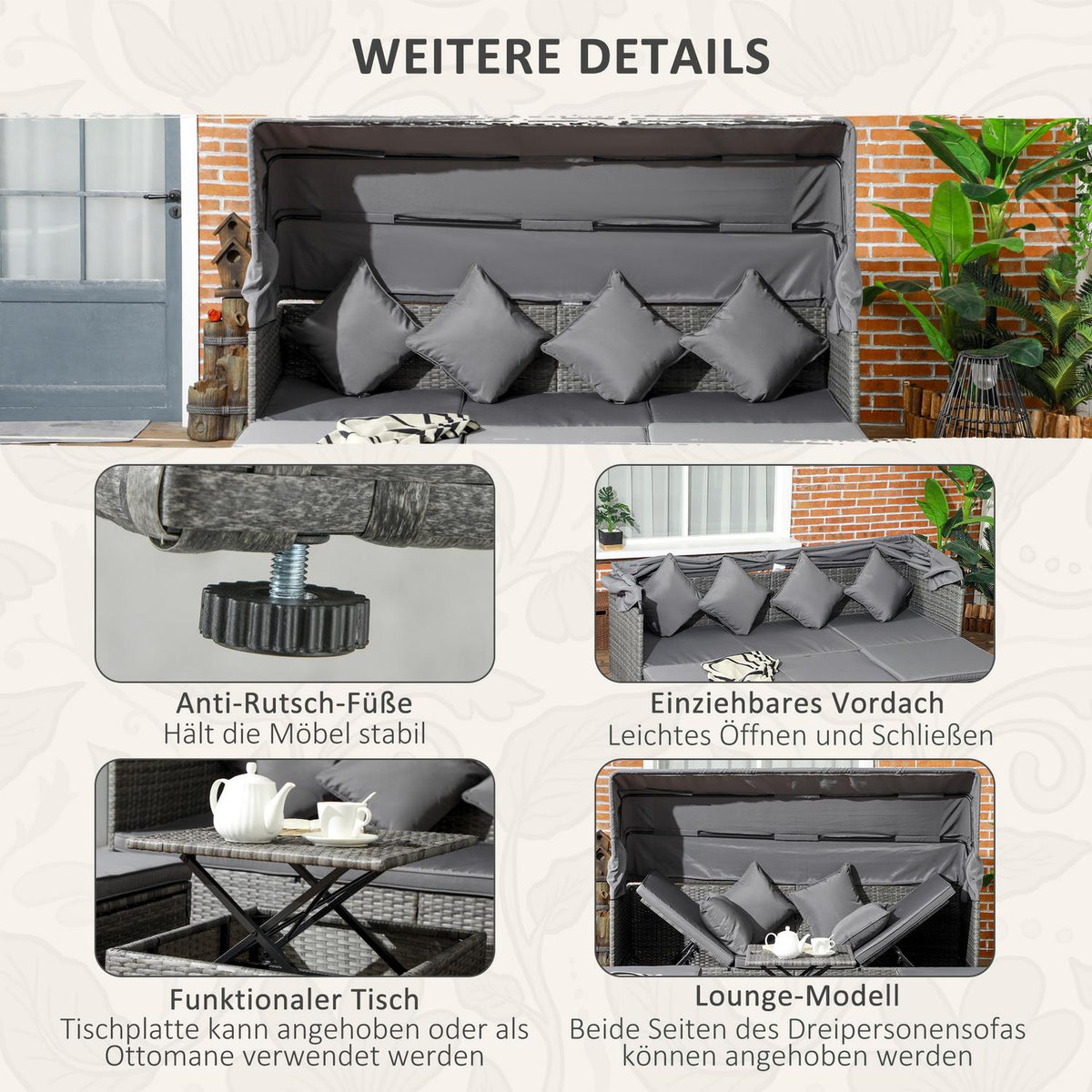 4-piece rattan garden seating group, with sun canopy, height-adjustable coffee table, bed function, back cushion, 200L x 68W x 74H cm, gray