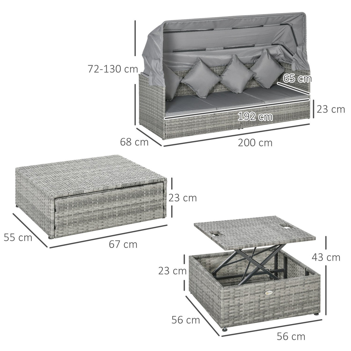 4-piece rattan garden seating group, with sun canopy, height-adjustable coffee table, bed function, back cushion, 200L x 68W x 74H cm, gray