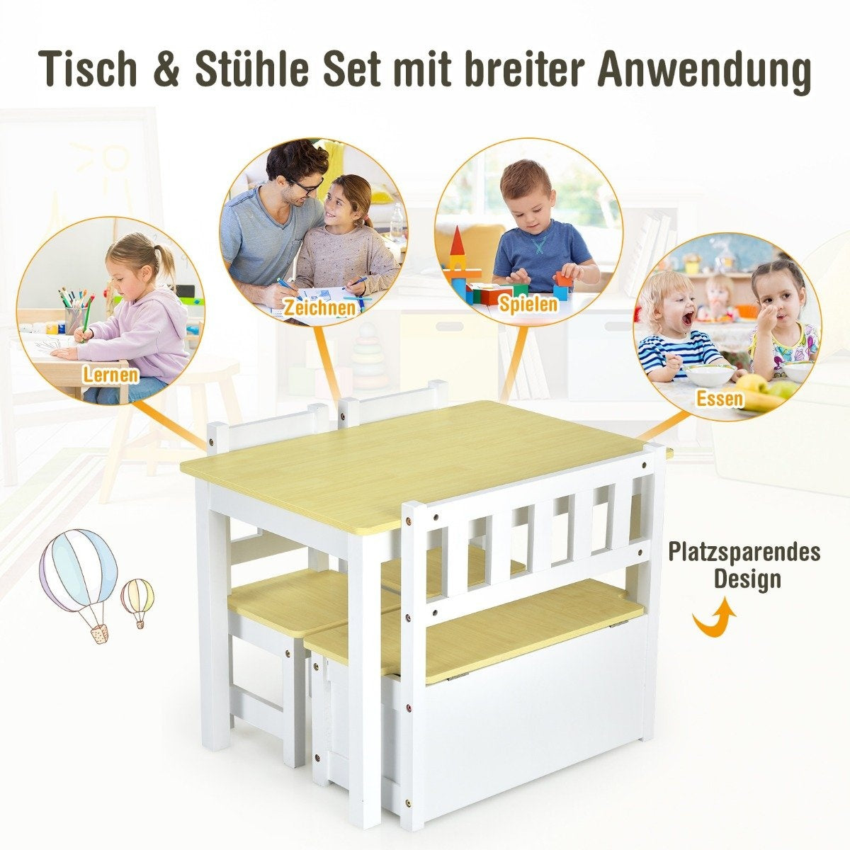 4-piece table and chair set for children 2 in 1 set made of wood for toddlers natural + white