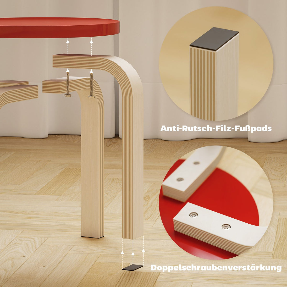 4 stacking stools with felt foot pads, birch plywood, varnished, colored