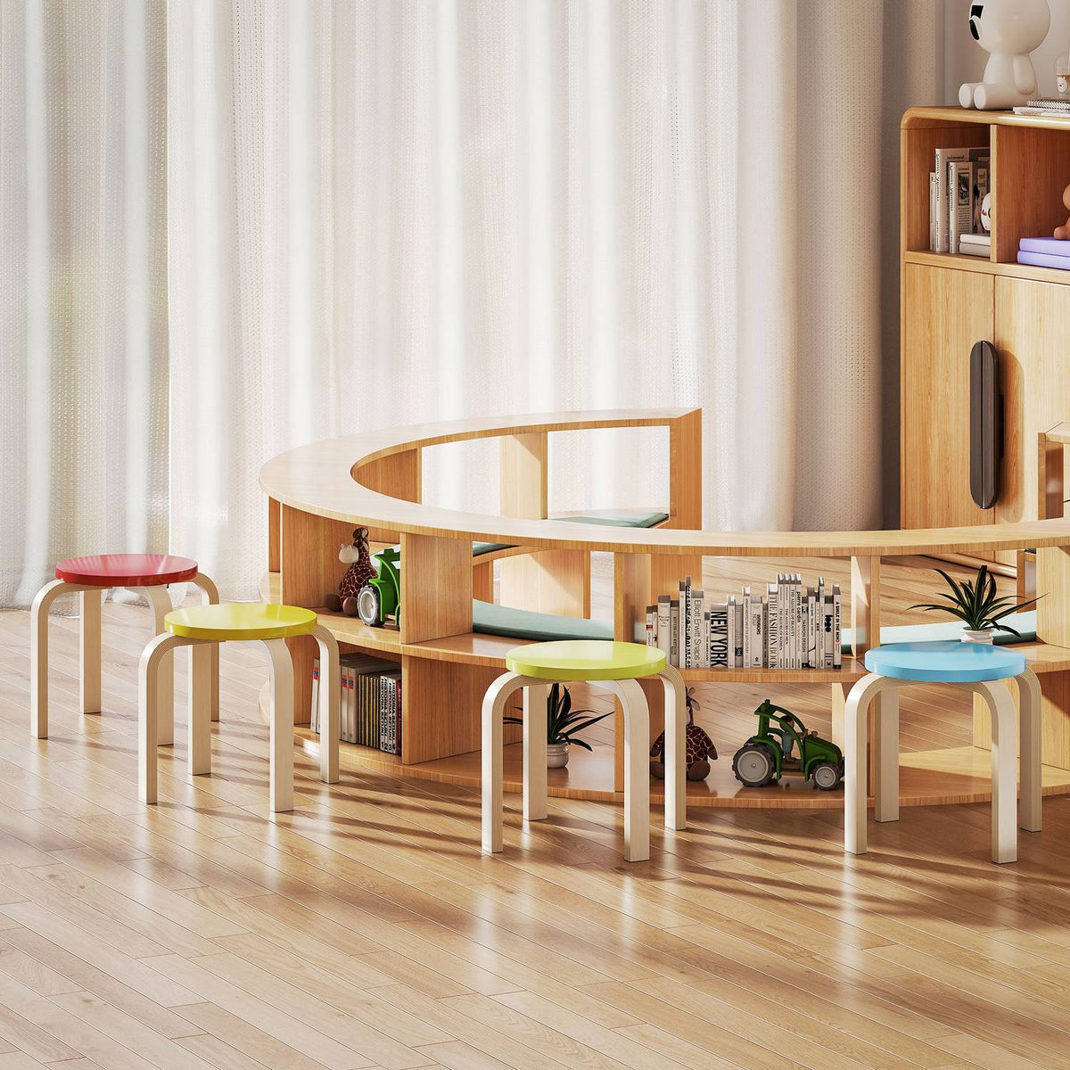 4 stacking stools with felt foot pads, birch plywood, varnished, colored