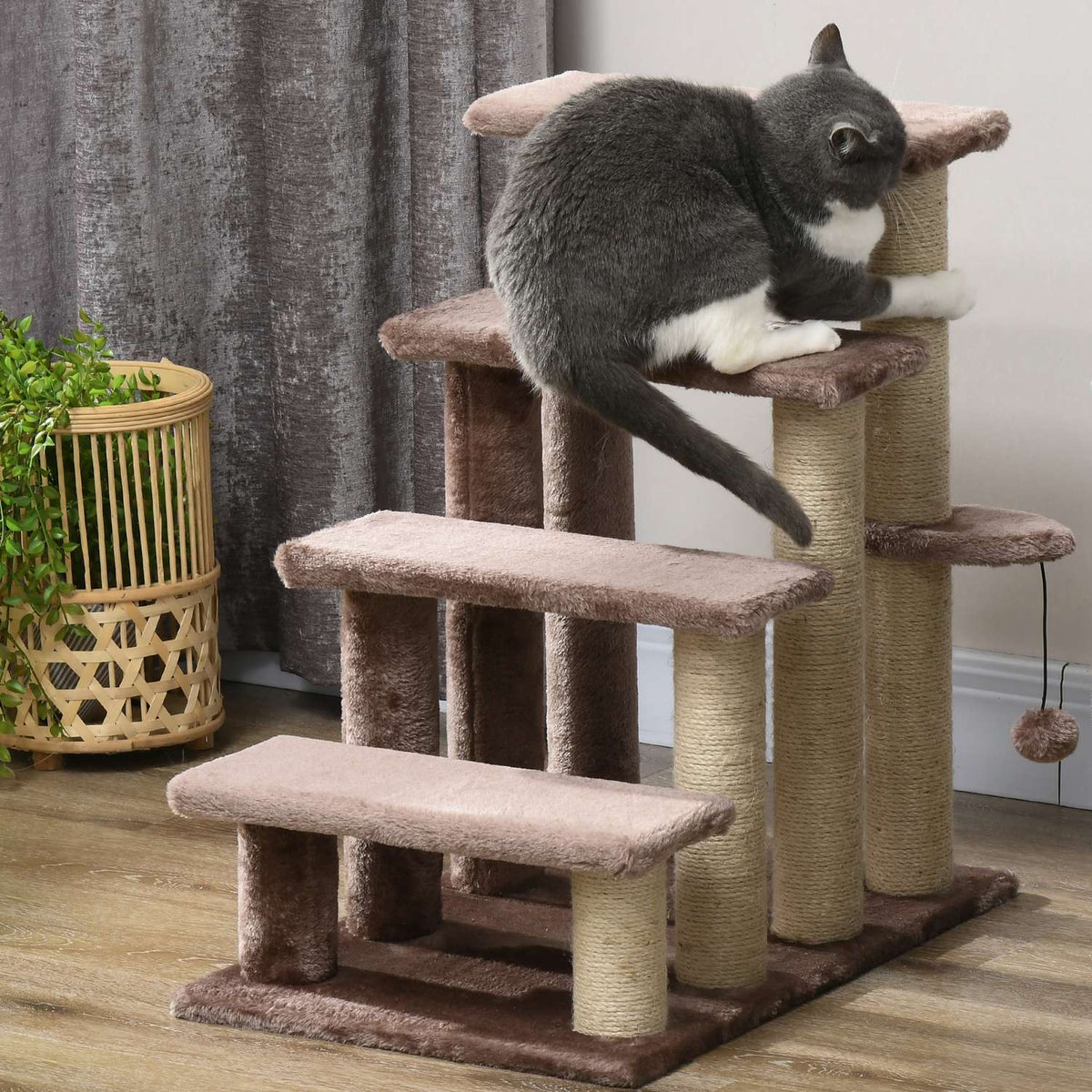 4-step cat stairs with scratching post, up to 5 kg, pet stairs with play ball, dog stairs, animal stairs, plush, brown, 60 x 40 x 64 cm
