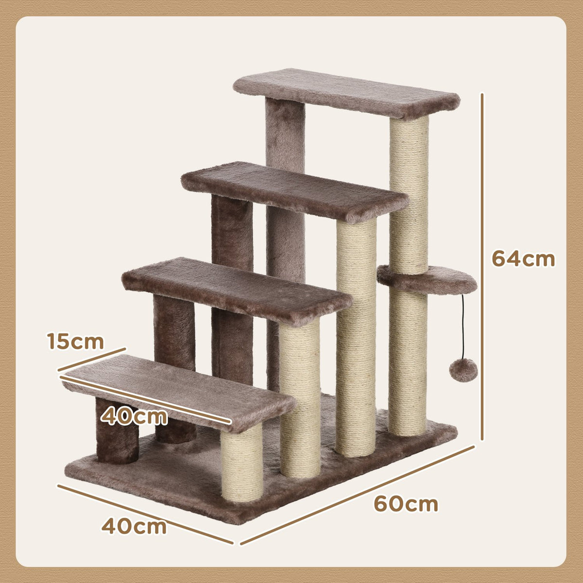 4-step cat stairs with scratching post, up to 5 kg, pet stairs with play ball, dog stairs, animal stairs, plush, brown, 60 x 40 x 64 cm