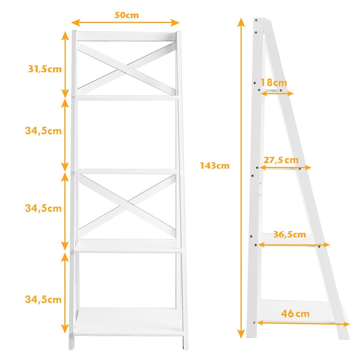 4-tier ladder shelf corner shelf made of wood with crossbar 51 x 46 x 143 cm white