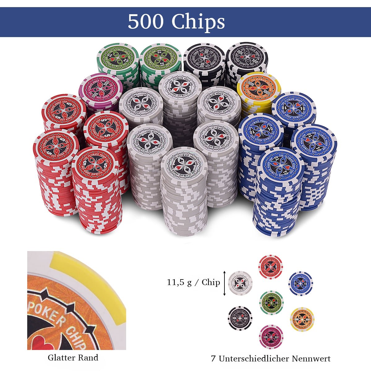 500-Piece Poker Set with Chips, Cards, Dice, and Case