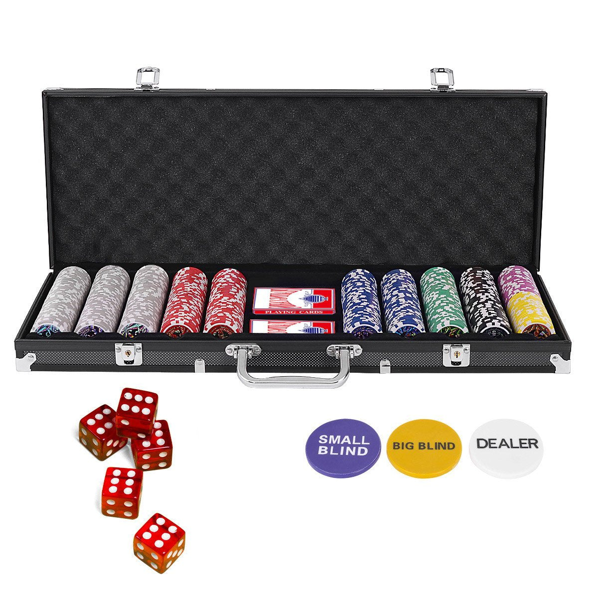 500-piece casino poker set with chips & playing cards & dice & dealer chips & table cloth black