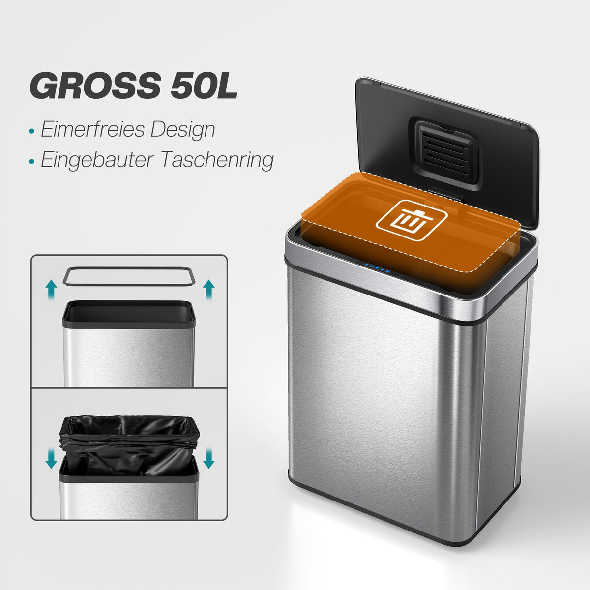 50L Sensor Trash Can, Stainless Steel, Odor Control