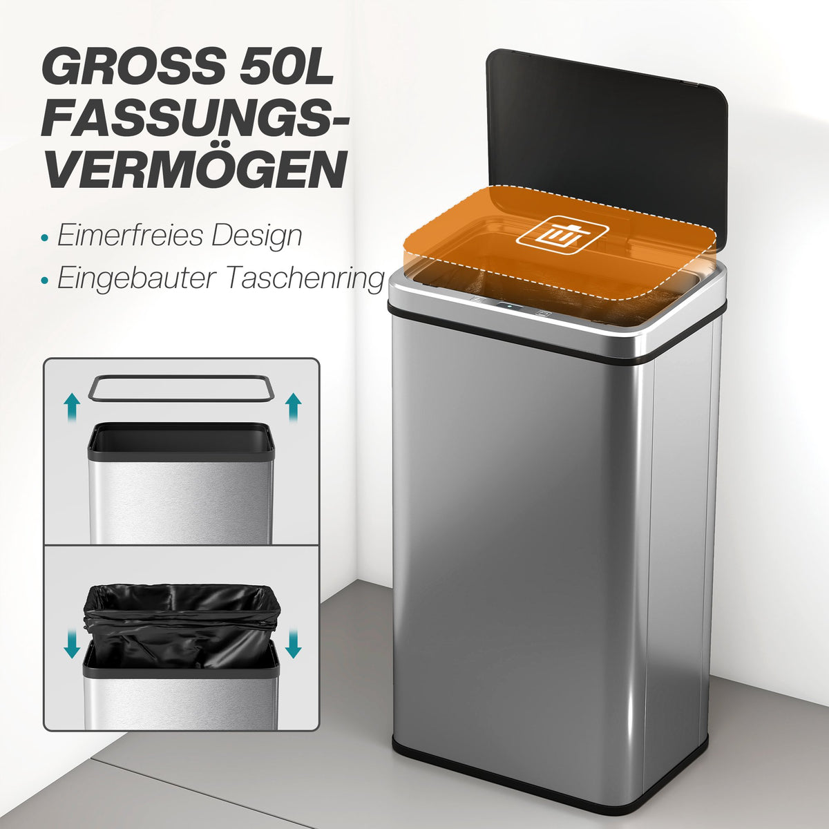 50L Touchless Sensor Trash Can, Stainless Steel
