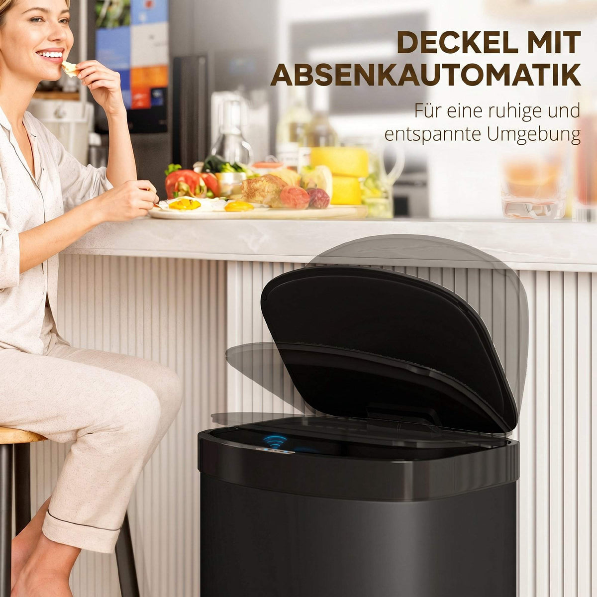 55L Sensor Trash Can, Soft-Close Lid, Stainless Steel, Black