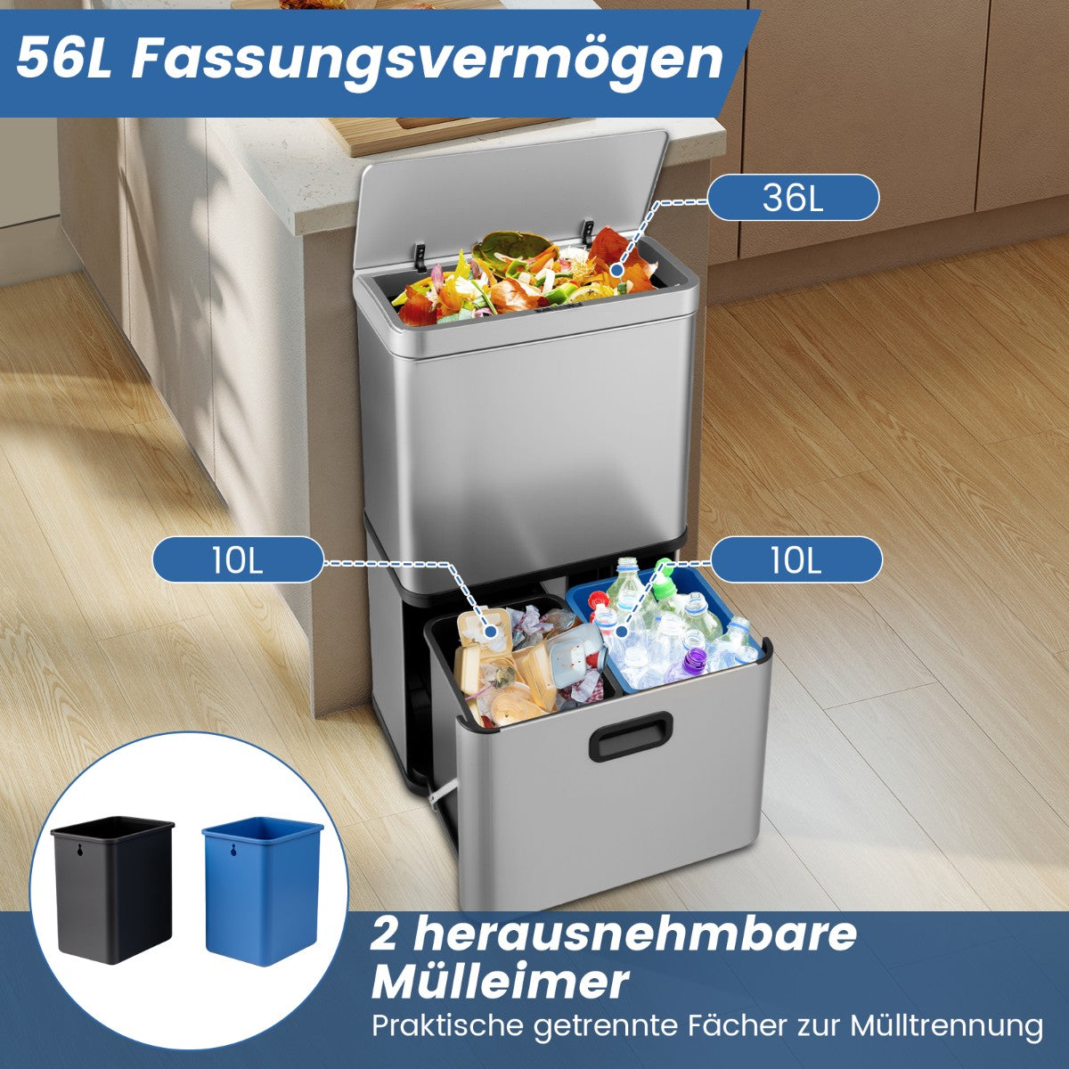 56L Stainless Steel Trash Can with Sensor & Dual Bins